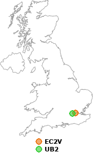 map showing distance between EC2V and UB2