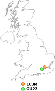 map showing distance between EC3M and GU22
