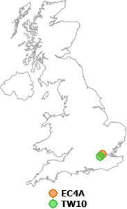 map showing distance between EC4A and TW10