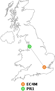 map showing distance between EC4M and PR1