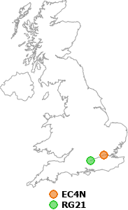 map showing distance between EC4N and RG21