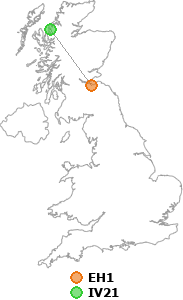 map showing distance between EH1 and IV21