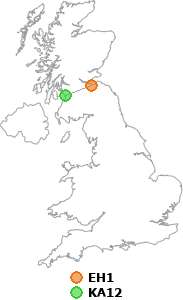 map showing distance between EH1 and KA12