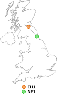 map showing distance between EH1 and NE1