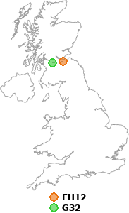 map showing distance between EH12 and G32