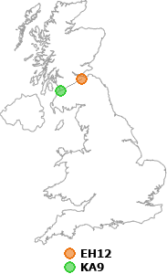 map showing distance between EH12 and KA9
