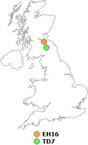 map showing distance between EH16 and TD7