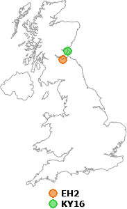 map showing distance between EH2 and KY16