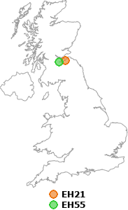 map showing distance between EH21 and EH55