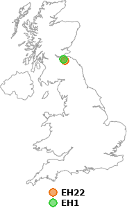 map showing distance between EH22 and EH1