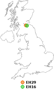 map showing distance between EH29 and EH16