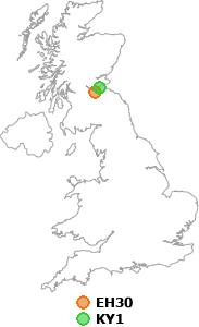 map showing distance between EH30 and KY1