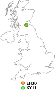 map showing distance between EH30 and KY11