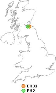 map showing distance between EH32 and EH2