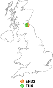 map showing distance between EH32 and EH6