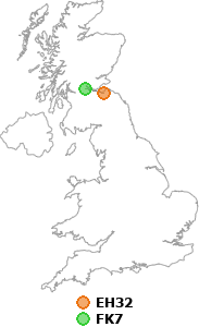 map showing distance between EH32 and FK7