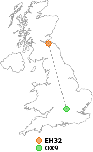 map showing distance between EH32 and OX9