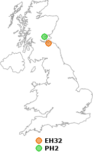 map showing distance between EH32 and PH2