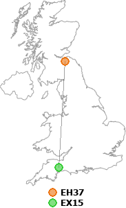 map showing distance between EH37 and EX15