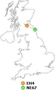 map showing distance between EH4 and NE67