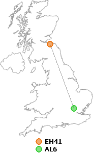 map showing distance between EH41 and AL6