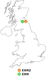 map showing distance between EH42 and EH4