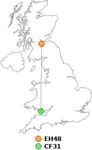 map showing distance between EH48 and CF31