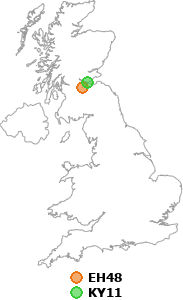 map showing distance between EH48 and KY11