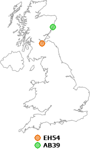 map showing distance between EH54 and AB39