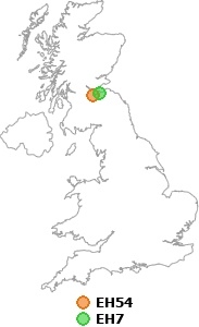 map showing distance between EH54 and EH7