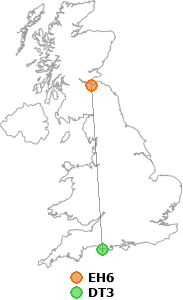 map showing distance between EH6 and DT3