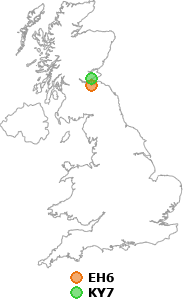 map showing distance between EH6 and KY7