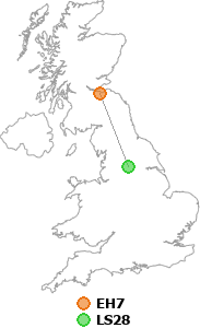 map showing distance between EH7 and LS28