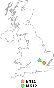 map showing distance between EN11 and MK12