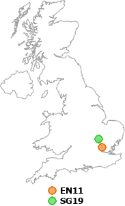 map showing distance between EN11 and SG19