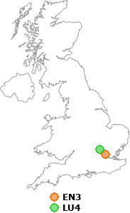 map showing distance between EN3 and LU4