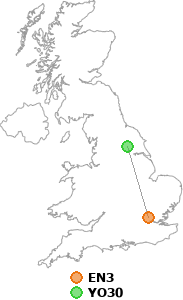 map showing distance between EN3 and YO30
