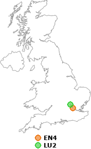 map showing distance between EN4 and LU2
