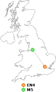 map showing distance between EN4 and M5