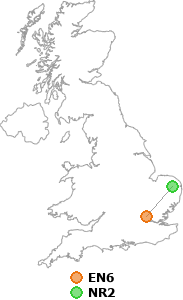 map showing distance between EN6 and NR2