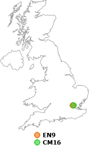 map showing distance between EN9 and CM16