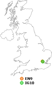 map showing distance between EN9 and IG10