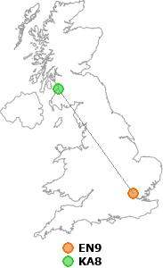 map showing distance between EN9 and KA8