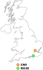 map showing distance between EN9 and RH20