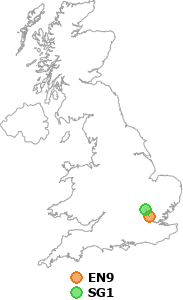 map showing distance between EN9 and SG1