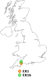map showing distance between EX1 and EX16
