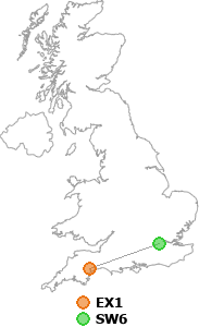 map showing distance between EX1 and SW6