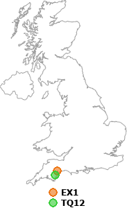 map showing distance between EX1 and TQ12