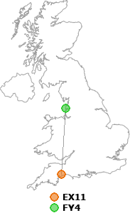 map showing distance between EX11 and FY4
