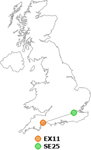 map showing distance between EX11 and SE25